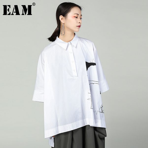 

eam] 2018 new spring summer lapel three quarter sleeve black printed loose big size shirt women blouse fashion tide je80500, White