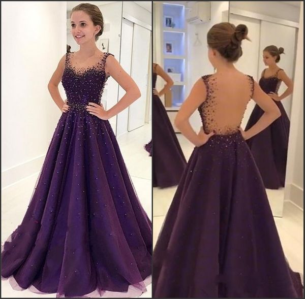

gorgeous grape a line floor length sleeveless prom dresses beaded crystal sheer tulle evening gowns with open back, Black;red