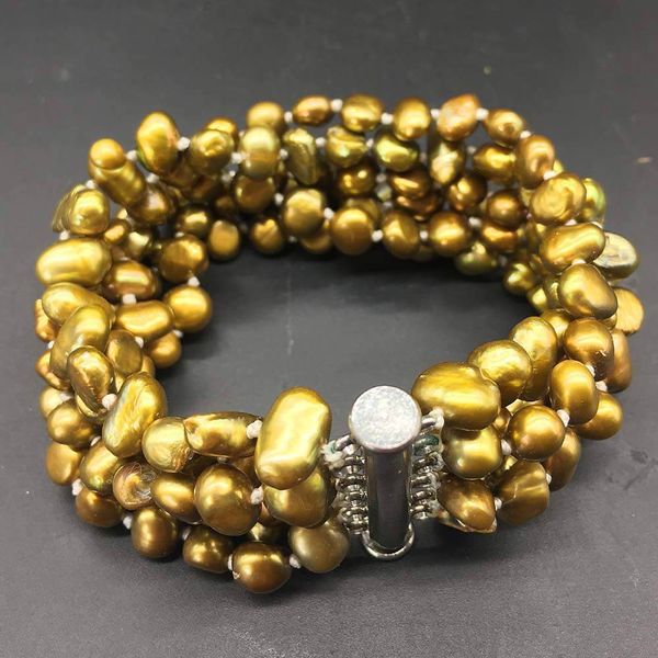 

6-row brown nugget freshwater pearls 5-6mm statement bracelet, Black