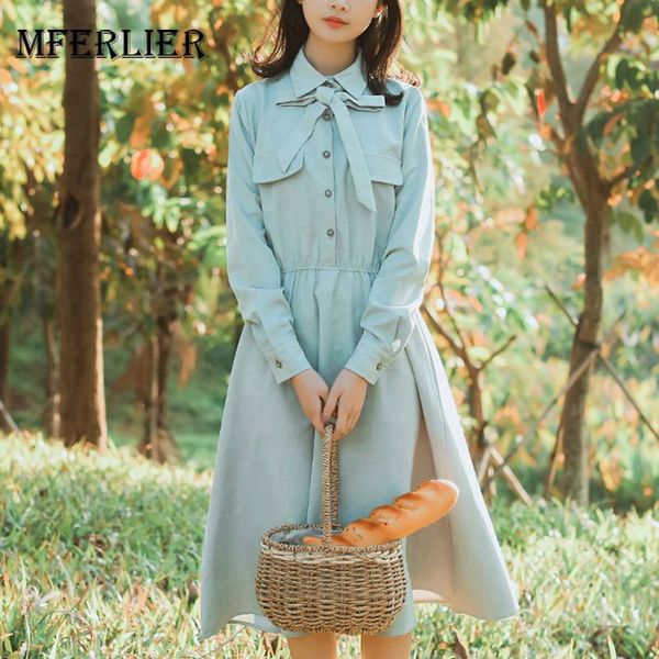 

mferlier women autumn dress bow turn down collar long sleeve fake pockets elastic waist mori girl elegant shirt dress, White;black