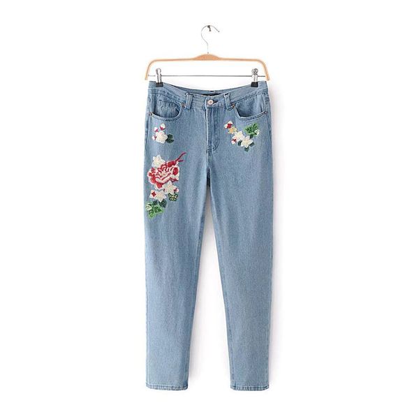 

floral embroidery jeans female winter zipper straight denim pants jeans women fashion pocket light blue trousers
