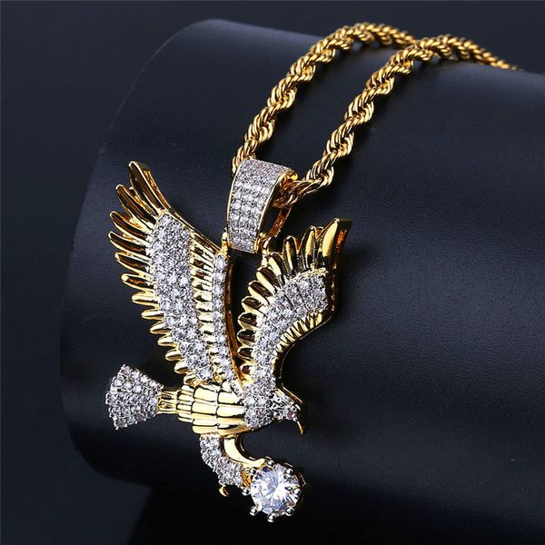 

18 Gold Plated Hiphop Eagle Necklaces For Men Brand Fashion Cubic Zircon Pendant Necklace Male Luxury Hip Hop Animal Charms Wholesale