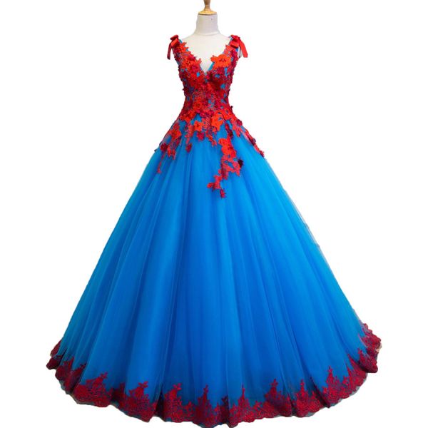 

real v neck blue colorful wedding dresses deep v neck beaded lace ball wedding gowns corset bridal gowns imported china, White