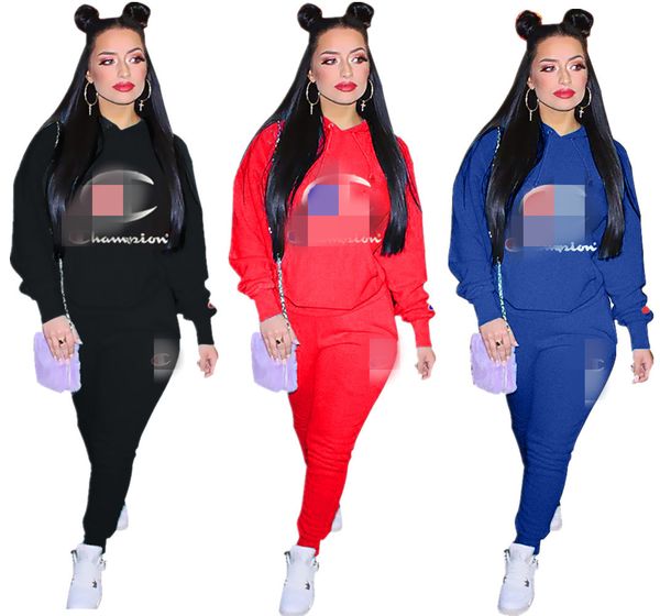 

s-3xl women's champions hoodie joggers set letter print pullover hoodies + pants sportswear autumn designs outfits plus size sports sui, White