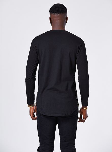 

male street wear t shirt men extend swag side zip tshirt super longline long sleeve t -shirt with curve hem and zip o-neck, White;black