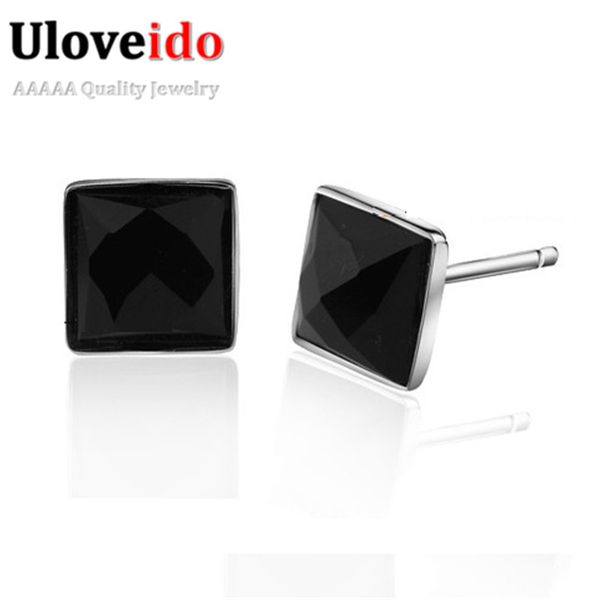 

New Square Black Stud Earrings for Men Silver Color Jewelry Women Earings Cubic Zirconia Earring Bijoux Vintage Uloveido JS1012