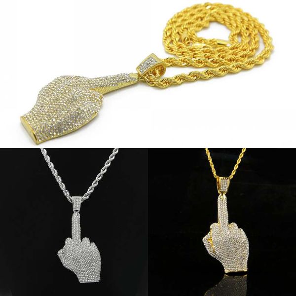 

Punk Hip Hop Middle Finger Gesture Big Hands Pendants Necklace Rhinstone Rapper Big Finger Hand Jewelry Free Shipping D774S