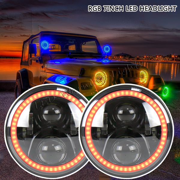 

pairs 7inch round led headlight with rgb halo for jeep wrangler 07-16 bluetooth remote sync headlight with music