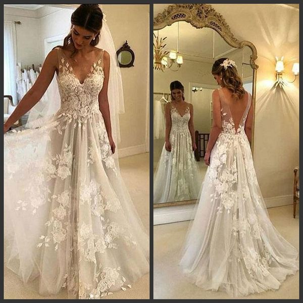 

3d floral appliques wedding dresses v neck backless elegant bridal gowns tiered skirts custom made wedding gowns, White