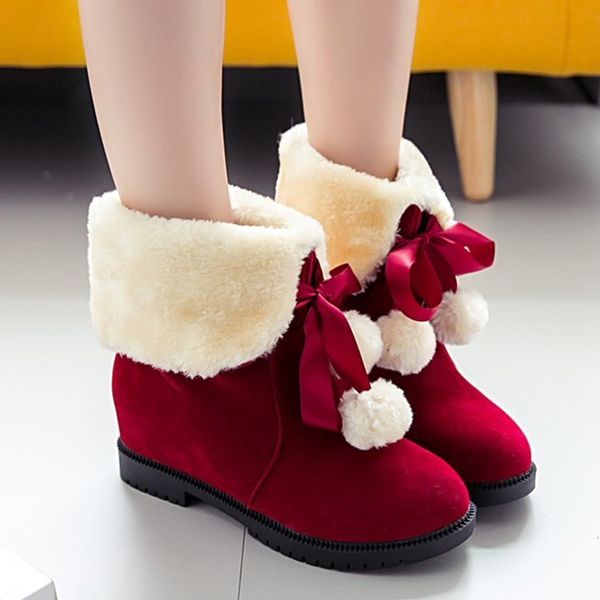

warm snow boots bow-knot hairball winter boots new arrival ladies ankle flats non-slip fur plush insole shoes woman, Black
