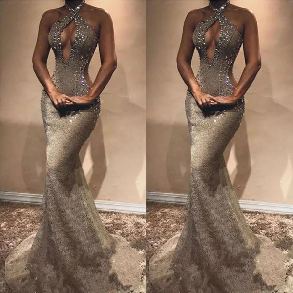 

arab lace mermaid beaded evening gowns appliqued halter neck prom dresses cutaway silver grey vestidos de fiesta party gowns, Black;red