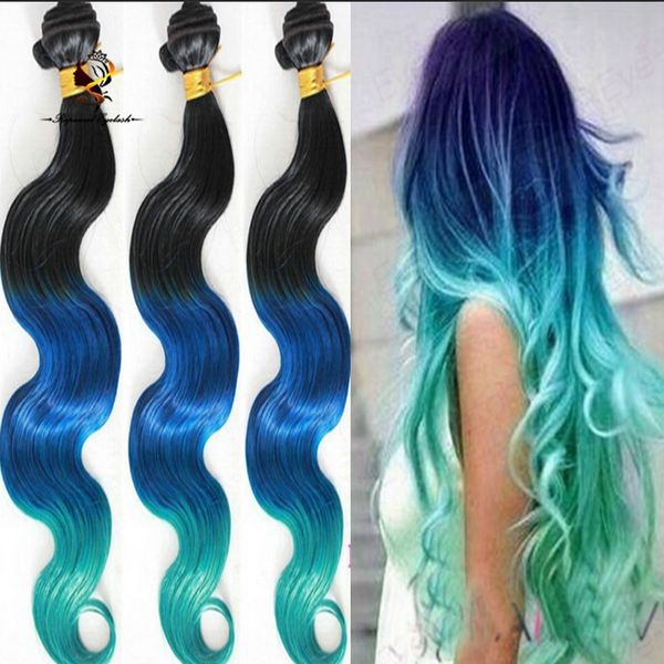 Qdrapunzelhair New Arrival 3 Tone Color Ombre Hair Black Blue Green Peruvian Hair Ombre Virgin Hair Seamless Skin Weft Hair Extensions Skin Weft Hair