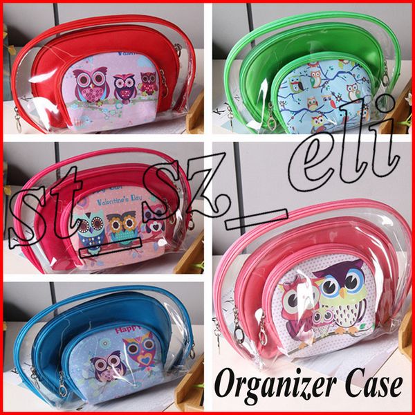 

cartoon owl printing environmental protection pvc transparent cosmetic bag women travel make up toiletry bags makeup organizer case 3pcs/set
