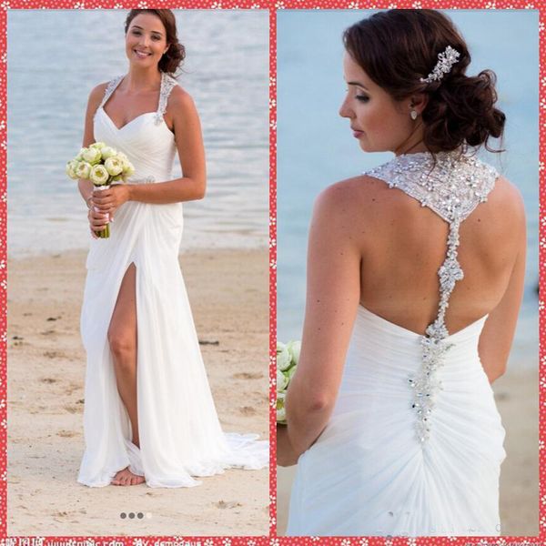 

Sexy Halter Bohemia Wedding Dresses Side Split Mermaid Bridal Gowns Beads Sweep Train Boho Beach Bridal Gowns