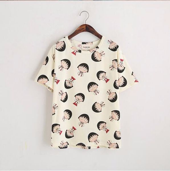 

2 pieces women t shirt fashion o collar short sleeve summer tee harajuku kawaii chibi maruko printing white blusas
