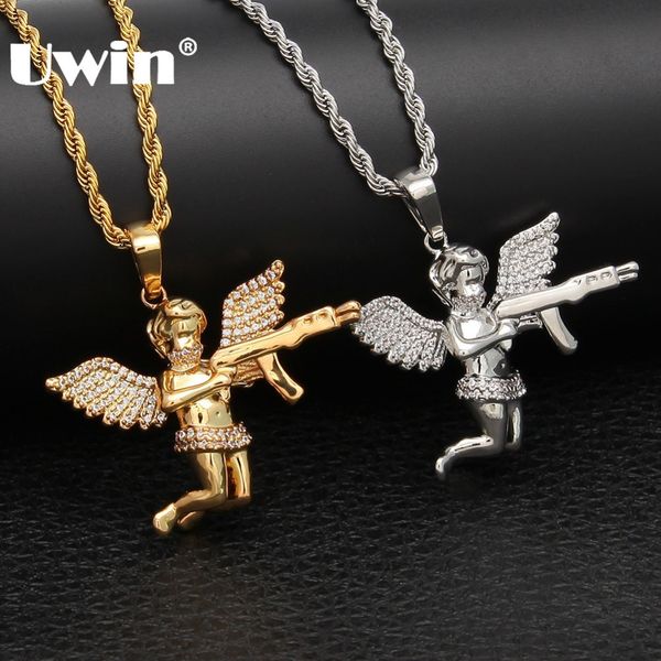 

uwin angel with gun necklace pendant full iced cubic zirconia wings silver gold color hiphop punk jewelry for men and women