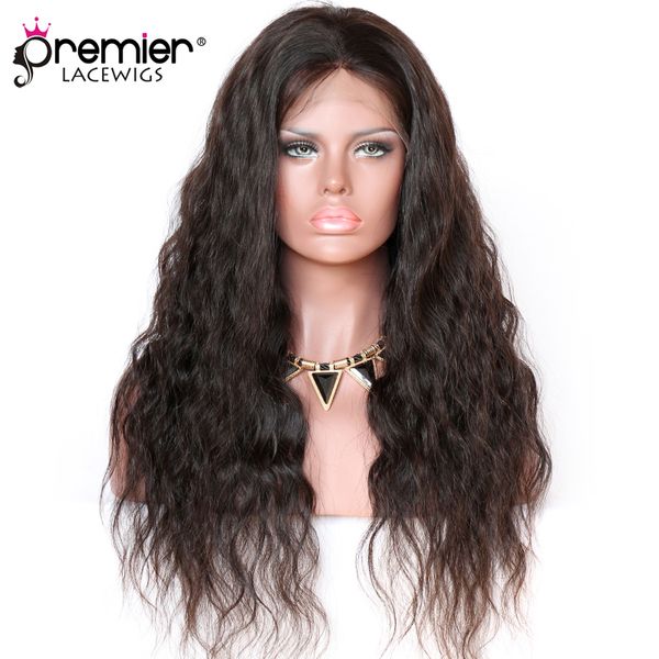 

premier glueless lace front wigs with natural hairline pre-plucked brazilian hair 150% density natural wavy for american, Black;brown