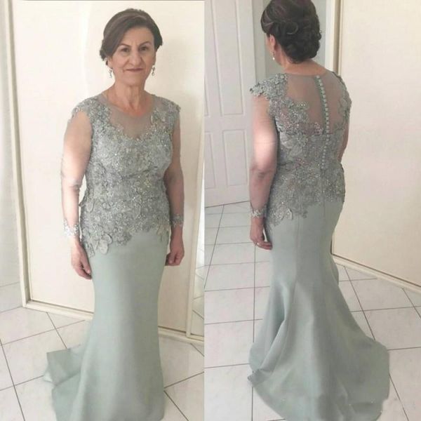 

Vintage Long Sleeve Mother Of The Bride Dresses Jewel Neck Appliques Mermaid Prom Dress For Groom Mother Plus Size 2018 Formal Evening Gowns