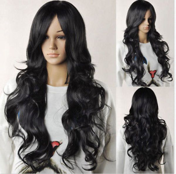 

natural curly wavy fancy dress fashion womens ladies hair wig, Black;brown