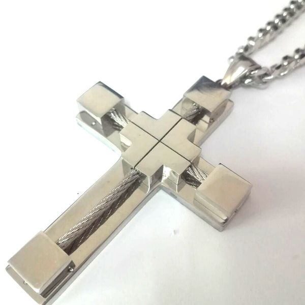 

gift for men's highly polished stainless steel wire cross pendant and 5mm curb cuban link chain necklace 18-32 inch large, Silver