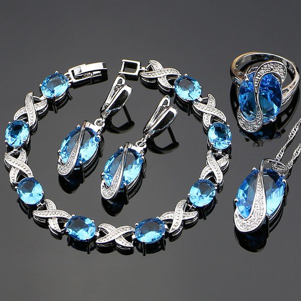 

whole saleblue cubic zirconia jewelry white cz 925 sterling silver jewelry set women earrings/pendant/necklace/rings/bracelet, Slivery;golden