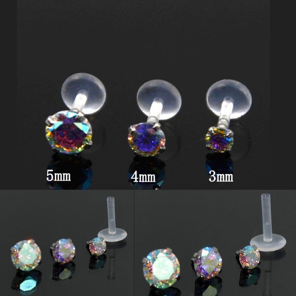 

showlove-1pcs aurora multicolor gem bioplast labret flexible monroe labret lip bar ring earring push fit 16g, Slivery;golden