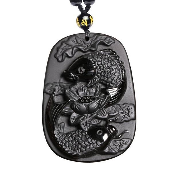 

fine carving obsidian two fish and lotus black obsidian pendant men's jewelry, Silver