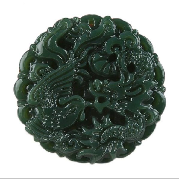 

tjp natural carved round dragon and phoenix hetian jade pendant china qingyu green necklace pendants, Silver