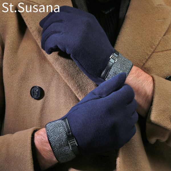 

2017 autumn winter men new classic belt buttons soft lining touch screen england cotton driving warm sheepskin gloves mittens, Blue;gray