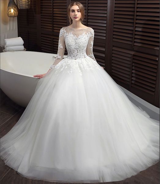 

scoop neck tulle a line wedding dresses with long sleeves 2019 vintage wedding gowns court train, White