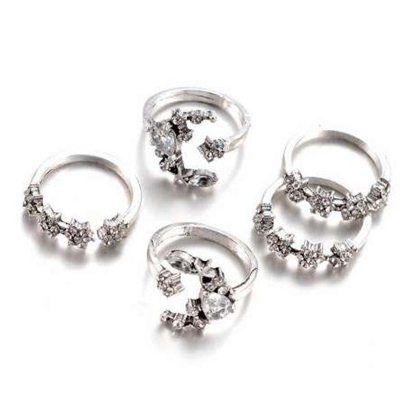 

ravimour 5pcs new rings for women tiny crystal moon finger knuckles ring set alliance female jewellery party wedding bague femme, Silver