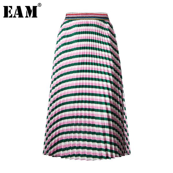 

x [eam] 2018 new summer women vintage casual striped panelled patchwork color high waist half-bory pleated skirt fashion la337, Black