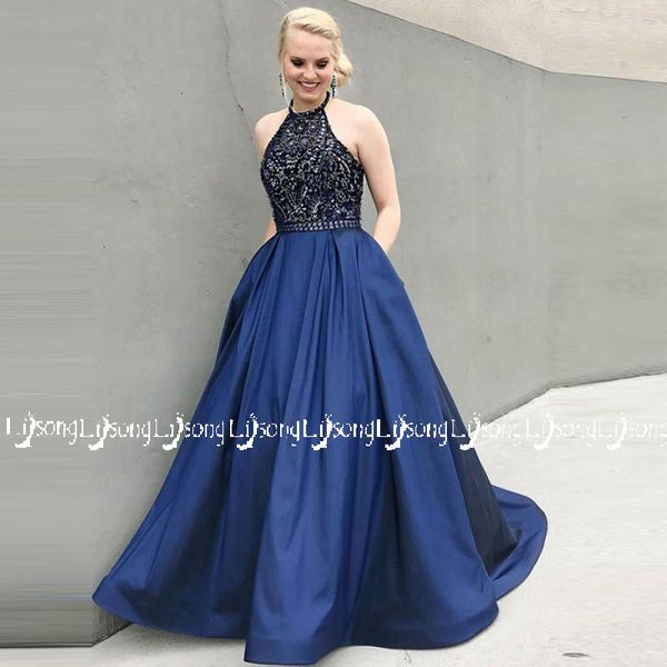 2018 Azul Preto Halter Prom Vestido Maxi Vestidos Vestido de Festa Mulheres Desgaste Do Partido Vestido de Noite de Alta Qualidade Lace Top Long Bottoms Custom Made