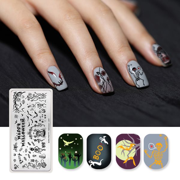 

born pretty rectangle nail stamping plate template zombie bride bat nail art stamp plate halloween day l001, White