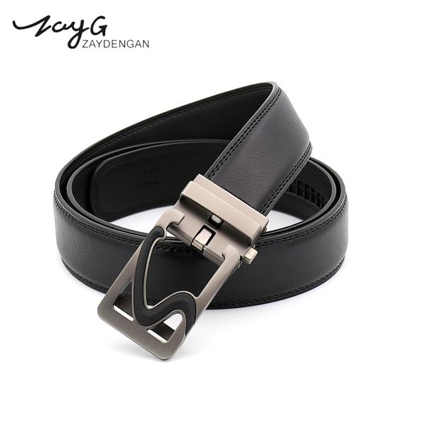 

zayg fashion mens letter automatic buckle belt leather belts men casual steel buckle unique high-grade belt, Black;brown
