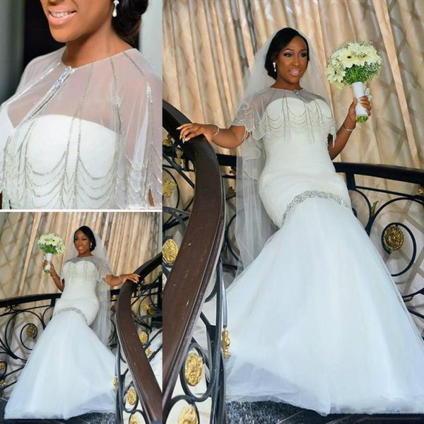 Amazing Plus Size Vestidos de Noiva Cap Estilo Sereia Vestidos Noiva Frisado Tule Piso Comprimento Sul Africano Vestidos de Casamento Feito Personalizado