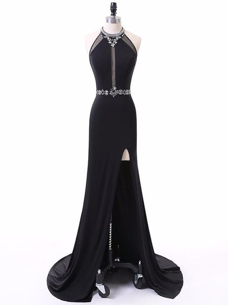 

real ps women's key-hole neckline beaded collar prom dresses sleeveless front split evening dresses floor length formal gowns, Black