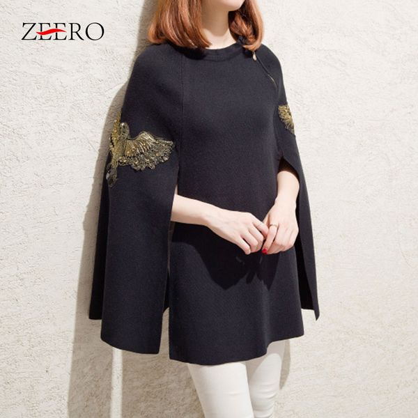 

sweater pullovers women embroidery beading pullovers casual streetwear poncho cape cloak knitted wool black sweater overcoat, White;black