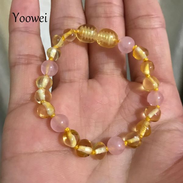 

yoowei baby amber bracelet teething necklace with natural rose quartz gemstone knotted baltic amber jewelry gifts for kids women, Golden;silver