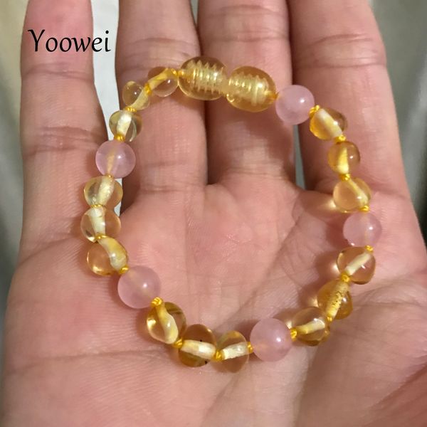 

yoowei baby amber bracelet teething necklace with natural rose quartz gemstone knotted baltic amber jewelry gifts for kids women, Golden;silver