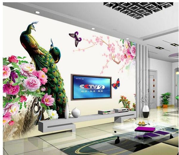 

peacock peony tv background wall decoration painting wallpaper for walls 3 d for living room