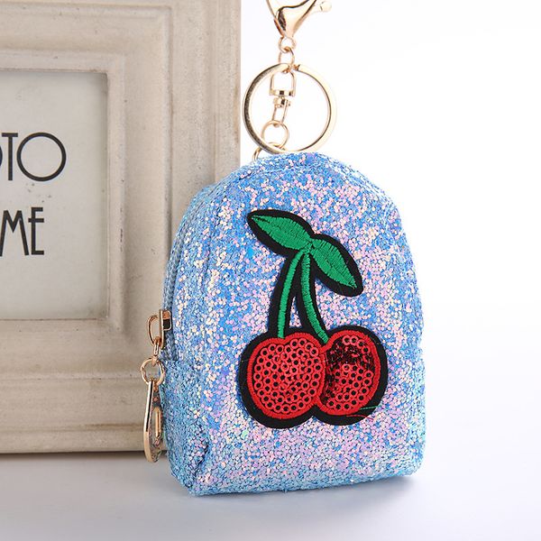 

blingbling shining sequins keychains with cherry coin purse mini satchel trendy key ring girl women bag jewelry, Silver