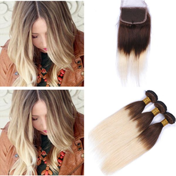 Medium Brown To Blonde Ombre Virgin Hair 3bundles With Lace