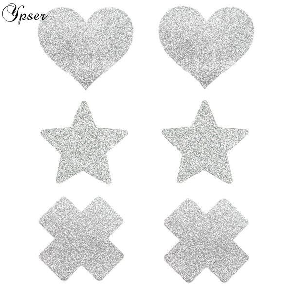 

ypser 3 pairs mixed silver nipple cover breast petals milk paste disposable adhesive stain fashion pasties heart star cross, Black;white