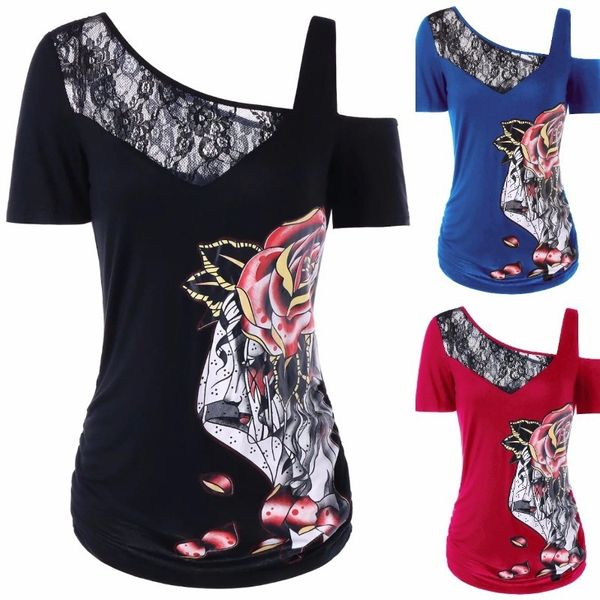 

Новый стиль женщины рубашка печатных сексуальная и мода кружева Сплайсированные Off-The-плечо футболка черный серый красный синий RF1333