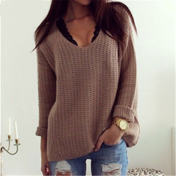 

2018 autumn winter new long sleeve loose knitwear v-neck long sleeve women's fashion sweater knitwear khaki xs-xl ing, White