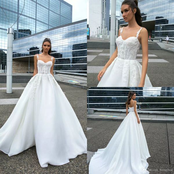

2019 новые свадебные платья спагетти страна развертки поезд кружева аппликации пляж свадебные платья простой на заказ бохо пляж линия свадеб, White