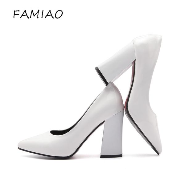 

famiao super high heels shoes black and white women pumps point toe slip on red wedding shoes thick heel party concise pump, Black;white