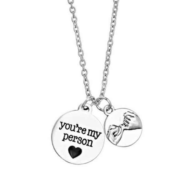 

6pcs/lot heart love necklaces letter you are my person couple friendship finger long necklaces pendant for women friend jewelry 2018, Silver