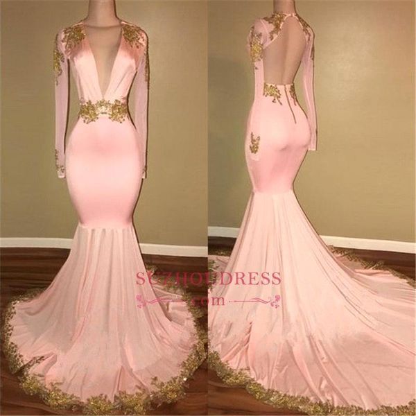 

african black girls 2019 mermaid prom dresses v neck gold applique long sleeves open back formal dresses evening wear party gowns